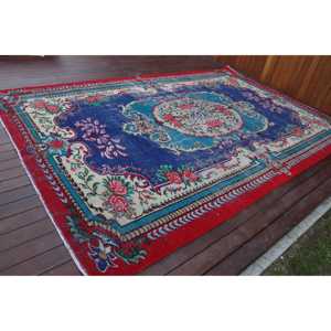 Tapis turc vintage surdimensionné en laine rouge 7x11 pieds, design patchwork écologique avec envers en latex - Product Image 2