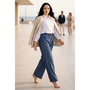 Casual for Tencel Denim <b>Trousers</b> with High <b>Waist</b> and Wide Leg <b>Elastic</b> Pockets-Breathable Blue Canvas - Product Image 1