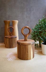 Sel et sucrier en bois d'acacia rond de qualité supérieure Récipient de stockage de cuisine personnalisé Technique polie par artisanat en croissant - Product Image 3