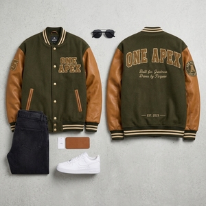 Custom <b>Men's</b> Olive Green Varsity <b>Jacket</b> Wool Body PU Leather Sleeves Chenille Embroidery Letterman <b>Baseball</b> <b>Jacket</b> OEM - Product Image 4