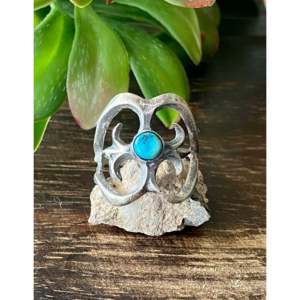 Tonya Yazzie Kingman Turquoise & Platinum <b>Ring</b> with Bezel Setting <b>Boho</b> Style Size 10.75 for Everyday Wear Vermeil Plating - Product Image 1