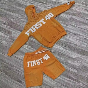 Sudadera con capucha y conjunto corto de chándal de lana de algodón bordado personalizado para hombre, Sudadera con capucha y cremallera lavada con ácido y conjunto corto de chándal - Product Image 4