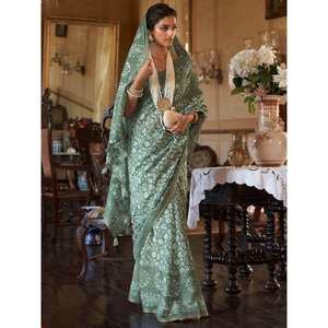 Sari de Algodón con Estampado Floral Verde, Diseño Contemporáneo para Mujer - Product Image 2