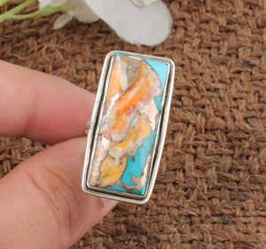 Handmade Vintage Style <b>Boho</b> <b>Silver</b> Bezel Setting <b>Ring</b> with Oyster Copper Turquoise Gemstone Rectangle Shape Wedding Party Women - Product Image 2