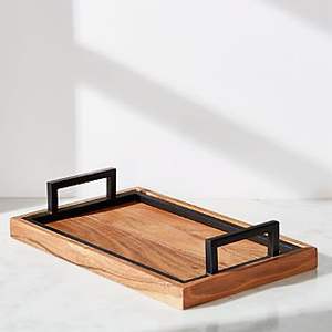 Bandeja de madera hecha a mano con mango de metal artístico para centros de mesa de comedor en casa y necesidades de servicio tradicional - Product Image 6