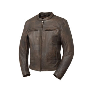 Chaqueta de Motociclista de Cuero Genuino Marrón Lavado para Hombre, Cuello Alto con Cremallera, Estilo Moto Biker - Product Image 3