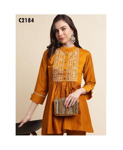 Túnica y pantalón de trabajo con bordado de Chinon amarillo de diseñador, ropa de boda Popular para India y Pakistán, precio al por mayor - Product Image 1