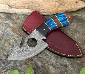 Couteau de chasse à lame fixe en acier Damas avec crochet à viande, support OEM, étui en cuir, garantie 3 ans, qualité industrielle pour l'extérieur - Product Image 3