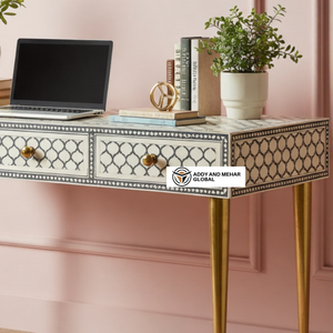 Thủ công xương Inlay nghiên cứu bàn với ngăn kéo và lưu trữ hình học mô hình bằng văn bản bảng có tính năng chân đồng và bề mặt gỗ - Product Image 2