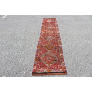 2.2x10.8 ft Turkish Rug, Vintage <b>Runner</b> Rug, <b>Red</b> Pink Check Wool Rug - Product Image 1