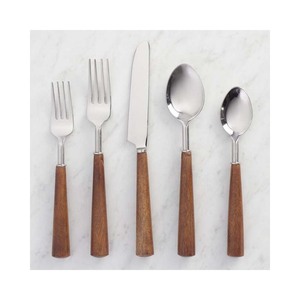 Couverts en acier inoxydable avec poignée ronde en bois de bambou, couverts plaqués argent, ensemble d'ustensiles - Product Image 5