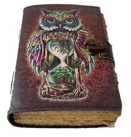 Cuaderno de Tapa Dura con Estampado de Búho Multicolor, 100% Cuero Genuino, con Cierre Metálico Tipo C-Lock, Páginas Artísticas con Borde Decorativo