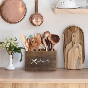 Organizador de soporte para utensilios de cocina de madera con 4 divisores ajustables Organizador de cubiertos Utensilios de granja Caddy Crock - Product Image 4