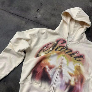 Fabricante personalizado bordado strass estampado ácido lavado sol se desvaneció francés Terry Streetwear hombres Zip up Heavyweight Hoodie - Product Image 2