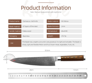 Venta al por mayor personalizado de alta calidad OEM ODM servicio profesional Pakka mango de madera japonés Damasco cocina Chef cuchillo hoja fija - Product Image 2