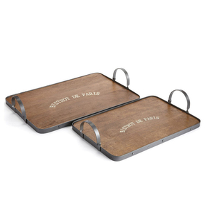 Plateau de service vintage en bois et métal avec poignée en forme de rectangle, pour la maison et l'hôtel Plateaux de service pour aliments et boissons - Product Image 1