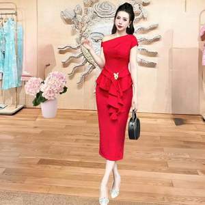 Ensemble décontracté à motif solide à la mode jupe crayon maigre et tissu à tricoter long chemisier à épaules dénudées pour le style de bureau - Product Image 4