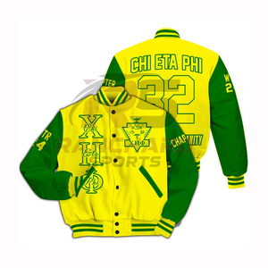 เสื้อแจ็คเก็ต Letterman สำหรับผู้ชาย แบรนด์ Sorority สำหรับฤดูใบไม้ร่วงและฤดูหนาว ดีไซน์ทันสมัย สวมใส่สบาย มีโลโก้ด้านหน้า ผลิตจากโพลีเอสเตอร์/คอตตอนคุณภาพสูง ปรับแต่งได้ CHI ETA PHI - Product Image 2