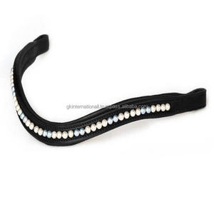 Banda Frontal para Caballo de Cuero Curtido Vegetal de Alta Calidad para Bridas Ecuestres, Personalizada con 1 Hilera de Perlas Crema y Azul Claro - Product Image 2