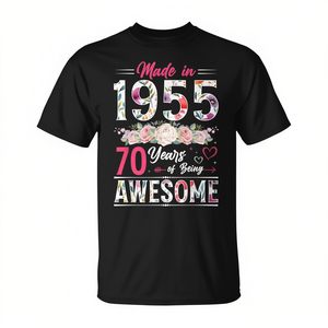 T-shirt da donna con stampa floreale del 70° compleanno, realizzata nel 1955, a maniche corte, girocollo, stampa digitale per donne adulte - Product Image 3