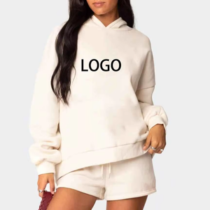 Conjunto de Sudadera con Capucha y Pantalones Cortos Extra Grandes para Mujer, Algodón Suave, Corte Holgado, Estilo Casual de Verano, Atuendo Moderno de Moda Urbana, Hasta la Rodilla, Color Sólido - Product Image 1