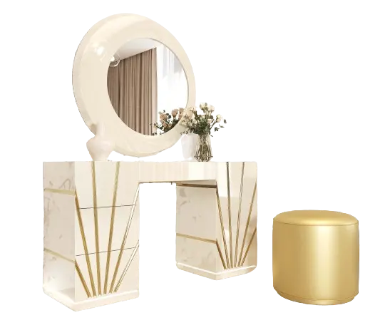 거울과 의자가있는 우아한 흰색과 금색 고광택 메이크업 화장대 세트 침실 용 서랍이있는 가벼운 메이크업 책상