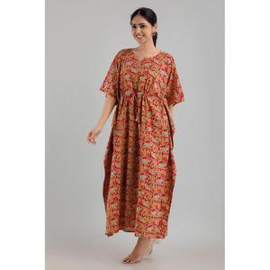 Free Size Red Floral Print Pure Cotton <b>Kaftan</b> Maxi Ethnic Dress Elegant <b>Summer</b> Beach ODM/OEM Service-SHKUP1243 - Product Image 1