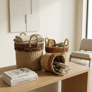 Natural Water Hyacinth Recycled <b>Plastic</b> Storage <b>Basket</b> Set Brown Beaded Rim Arch Handle Pot Planter Setup Pure Art Design - Product Image 5