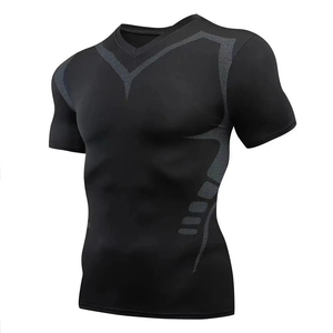 Haut de compression pour homme, coupe musclée, couleur unie, polyester et élasthanne, manches courtes, vêtement de sport, t-shirt d'entraînement - Product Image 6