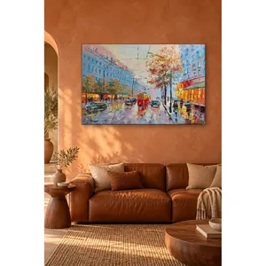 Impression sur toile de la tramway rouge Fida dans une rue d'automne pluvieuse - Product Image 2