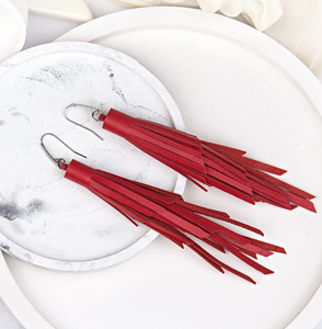 <b>Red</b> Leather Tassel Long <b>Earrings</b>, Statement <b>Earrings</b> in Boho Style - Product Image 1