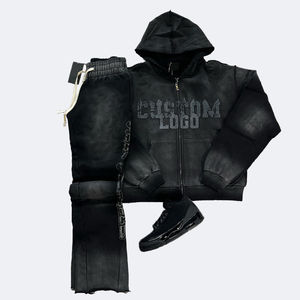 Servicio OEM, Conjunto de Sudadera y Pantalones Deportivos Extra Grandes de Felpa Francesa Desgastada, Conjunto de Sudadera Unisex, Sudadera de Corte Cuadrado - Product Image 1