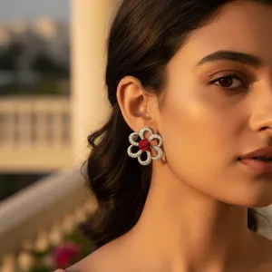 Women's Trendy <b>Silver</b> Rose Flower <b>Stud</b> Earrings Gold-Plated Brass Copper Zircon Diamond for Parties Weddings Religious Floral - Product Image 3