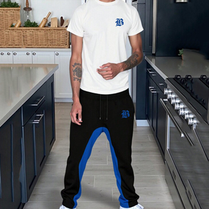 Ensemble coordonné pantalon de jogging en polyester bleu avec panneau contrastant et t-shirt blanc personnalisé, taille à cordon, style streetwear urbain, grande taille, automne - Product Image 3