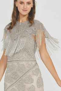 Cape de soirée élégante pour femme, faite à la main, broderie lourde, perles argentées, strass, sequins, polyester, Chandni Export House - Product Image 5