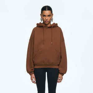 Sweat à capuche oversize en coton de haute qualité pour femme, style streetwear, avec poches kangourou, effet délavé, logo personnalisé, couleur unie, épaules tombantes - Product Image 1