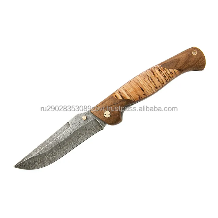 Dao Gấp "Aktay-2" làm bằng tay cầm bằng thép Damascus của vỏ cây Bạch Dương Hoàn chỉnh với một bao da tùy chỉnh