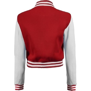 Veste universitaire contrastée, look streetwear audacieux, veste universitaire bicolore rouge et blanc, tenue décontractée tendance - Product Image 2