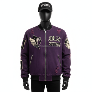 Haute qualité 320 GSM coton mélangé hommes Bomber veste violet avec des patchs brodés Logo personnalisé Option Bomber veste pour homme - Product Image 1