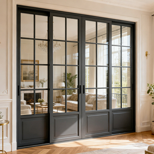 Porte coulissante intérieure française rétro insonorisée <span class=keywords><strong>à</strong></span> prix avantageux, cadre en aluminium, porte coulissante en verre trempé pour villas - Product Image 1