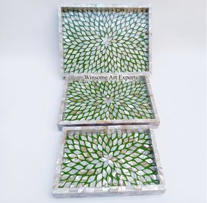 Arabic Mother of Pearl Inlay Trays - Green Floral Mandala Pattern Handmade MOP <b>Mosaic</b> Serving Decorative Vanity Trays - Product Image 2