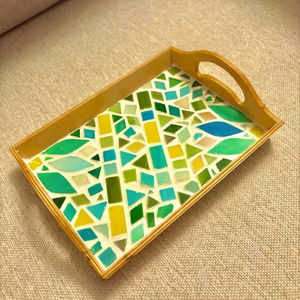 Plateau ottoman en bois avec poignée, mosaïque de verre décorative moderne, multifonctionnel, essentiel pour le salon, la cuisine, cadeau de pendaison de crémaillère - Product Image 1