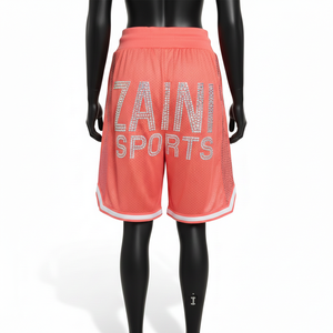 กางเกงบาสเก็ตบอลหญิง 170 GSM ผ้าโพลีเอสเตอร์ตาข่ายระบายอากาศอย่างดี สีชมพูคอรัล ประดับด้วยคริสตัลแบบรีดร้อน พร้อมโลโก้สั่งทำพิเศษ - Product Image 2