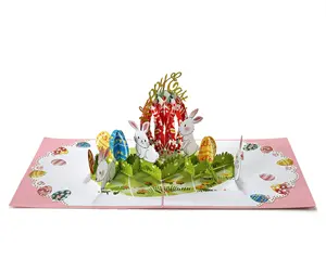 Tarjeta de felicitación Pop-Up 3D, feliz día de Pascua, con huevos y Conejitos, proveedor de Vietnam, 2023