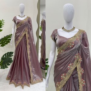 Saree en soie traditionnel élégant avec paillettes Zari et broderie pour les mariages indiens Festivals Diwali Party Wear Tenue extensible - Product Image 6