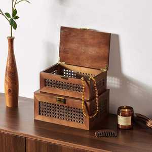 Rattan Wood Storage <b>Boxes</b> Solid Wood Baskets Box with Lid <b>Keepsake</b> Memory Jewelry Box - Product Image 2
