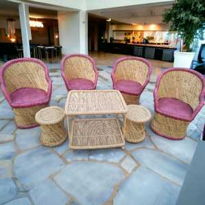 Ensemble de chaises vintage en rotin et bambou avec 2 poufs et table basse Ensemble de restaurant Ensemble de chaises canapé d'extérieur pour jardin, bureau, salon - Product Image 5