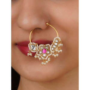 Anillo de Nariz de una Sola Pieza con Cierre a Presión, Chapado en Oro Rosa, Jadau Kundan, MNTH198WP, Joyería Elegante para Mujer - Product Image 1