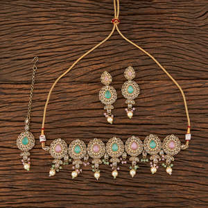 Artificial Export Gold Plated Antique Handmade <b>Choker</b> Style Monalisa Stone <b>Necklace</b> Set in India - Product Image 5