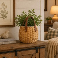 Panier à plantes en rotin avec poignée en similicuir, style sac fourre-tout, porte-plantes tissé, décoration intérieure bohème, écologique